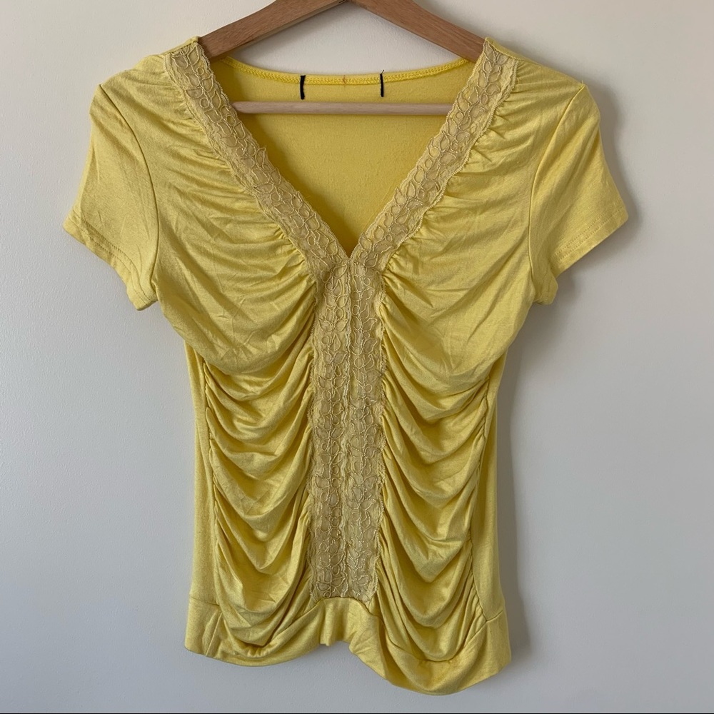 Yellow Flashy Ruched Short Sleeve Tee Top
